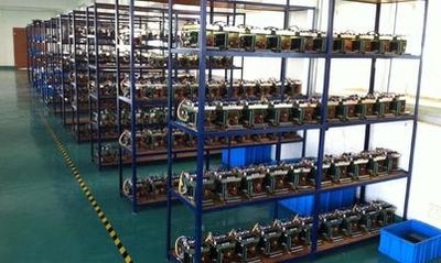 An industrial scale mining farm packed with rows of miners.